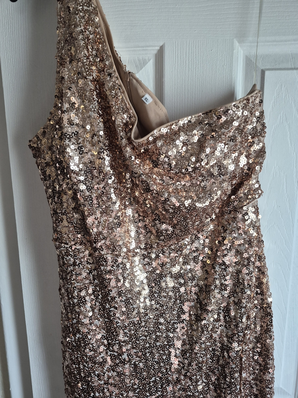 One-Shoulder Rose Gold Sequin Evening Dress